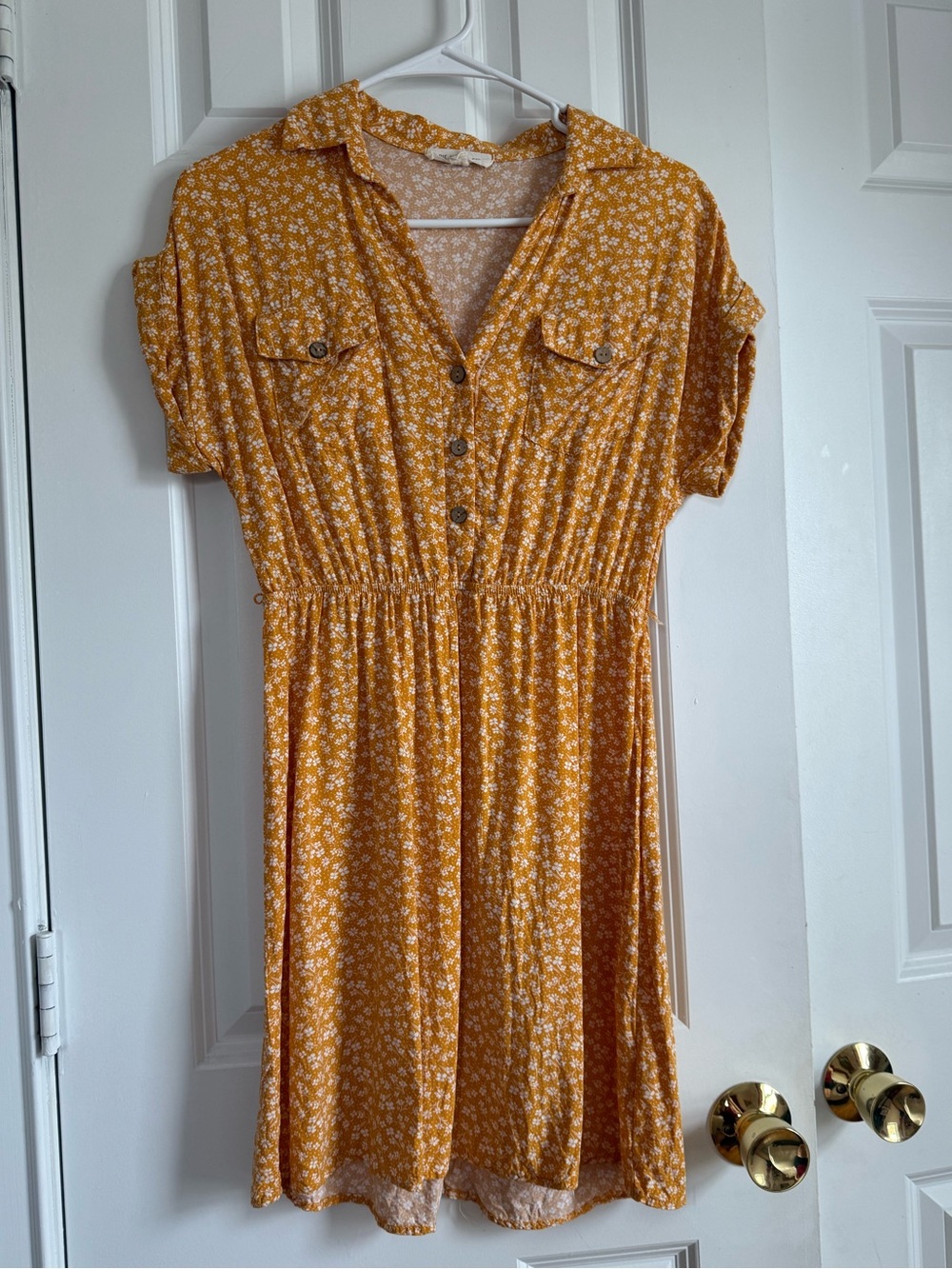 Pie in the Sky Mustard Floral Button-Front Mini Dress with Elastic Waist